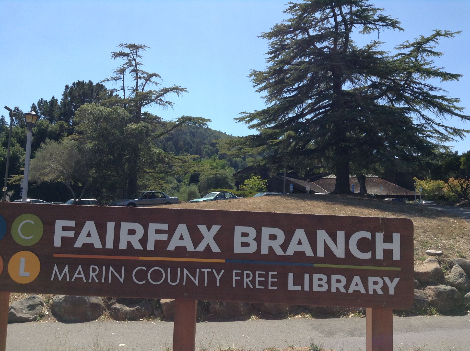 A sign for the Fairfax branch of the Marin County Library system