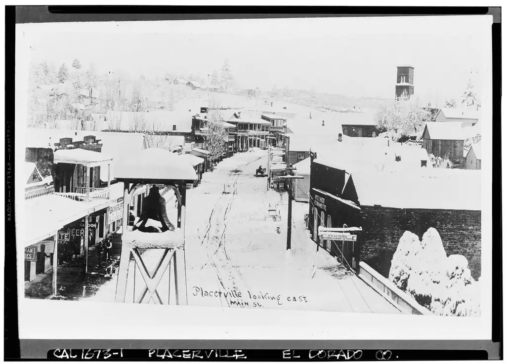 Historic American Buildings Survey Wells Fargo Bank Historical Museum, S.F. LOOKING EAST ABOUT 1860'S - Main Street (Commercial Buildings), Placerville, El Dorado County, CA HABS CAL,9-PLACVI,15-1.tif