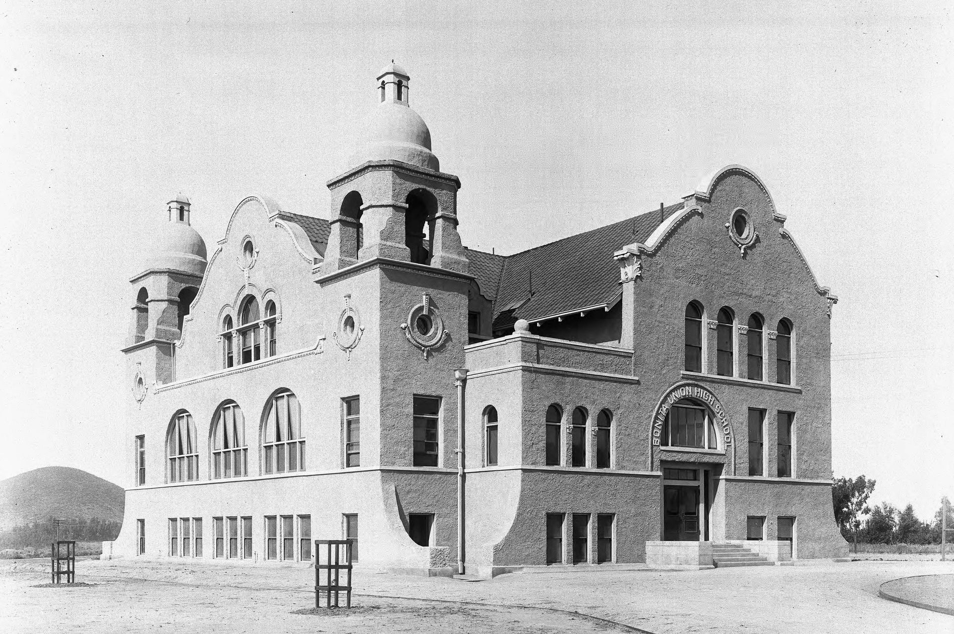 Exterior view of the Bonita Union high School serving two cities, (Lordsburg) San Dimas and La Verne, ca.1900 (CHS-5283) (cropped)