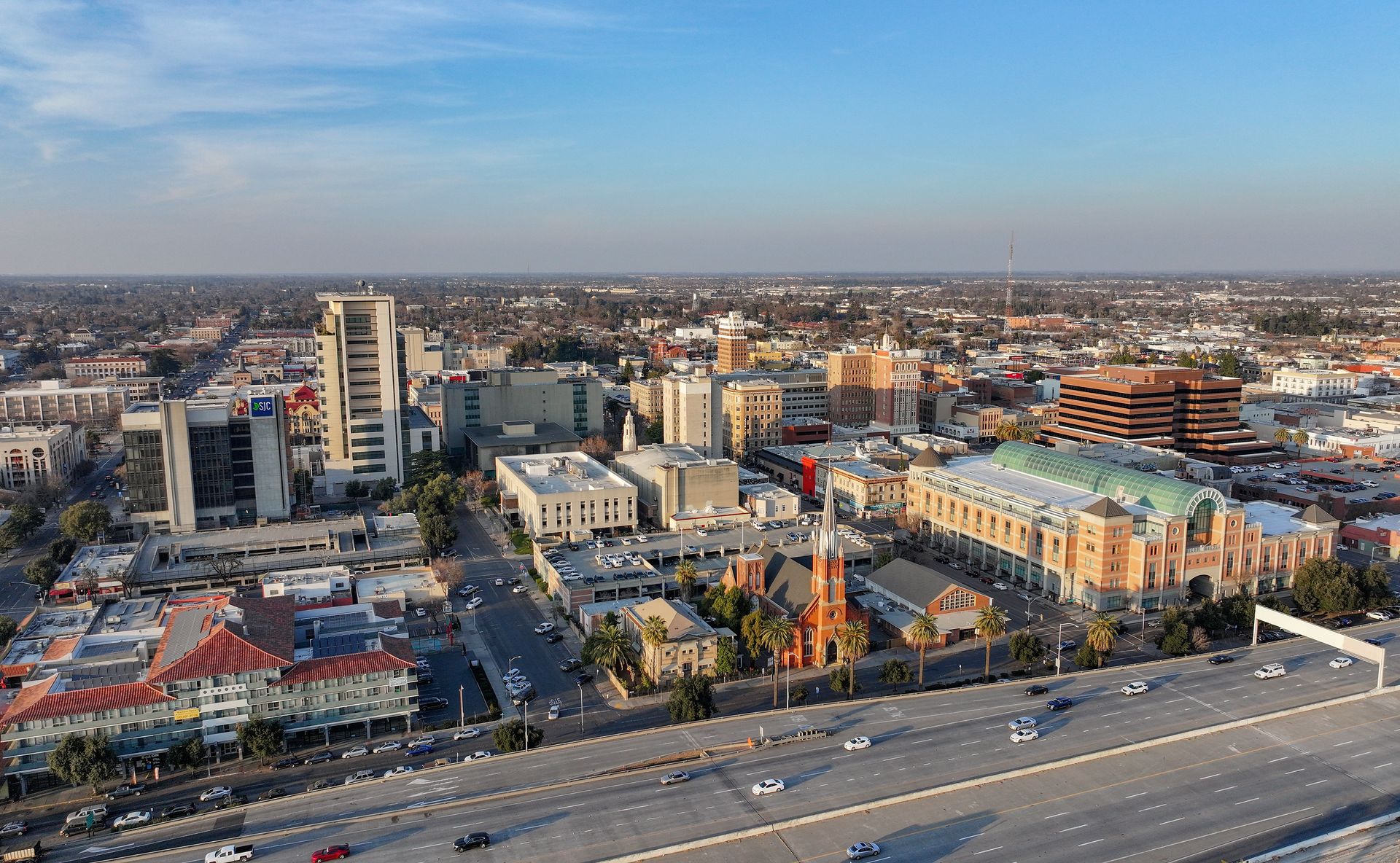 Aerial view of Stockton, California skyline