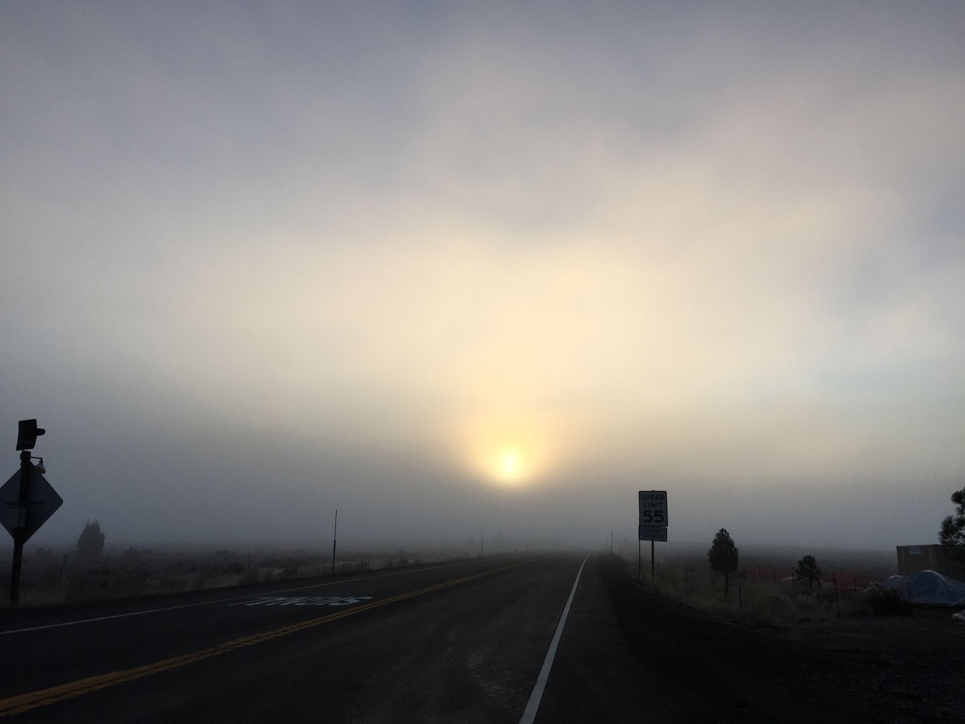 2015-10-31 07 51 25 Fog just after sunrise along eastbound California State Route 267 (North Shore Boulevard) near Truckee Tahoe Airport near Truckee, California